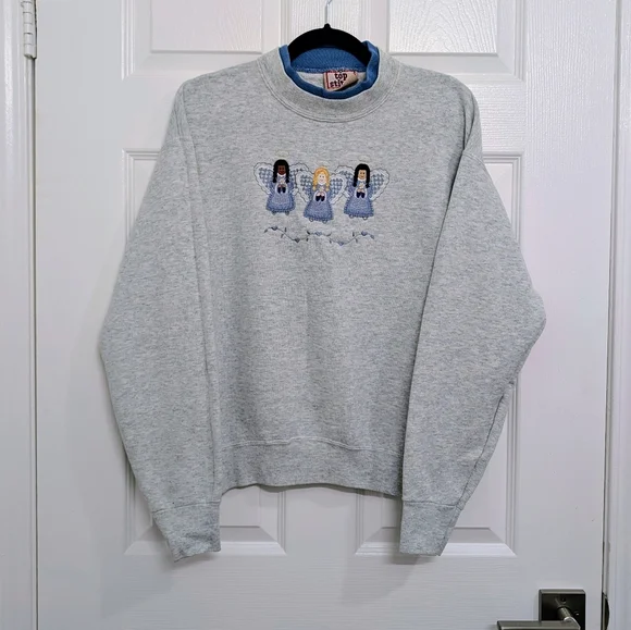 90s Interracial Angels Holiday Morning Sun Top Stitch Sweater M Grey Pullover - Picture 2 of 5